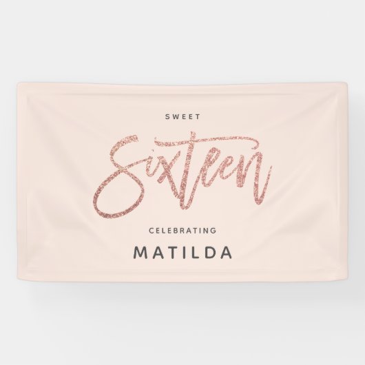 バラガーリー金ゴールドグリッターピンクタイポグラフ16誕生日 横断幕 (横)