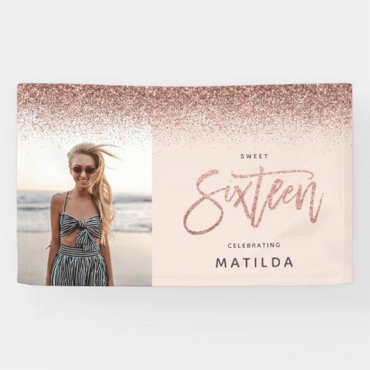 バラガーリー金ゴールドグリッターピンク写真16歳の誕生日 横断幕 (横)