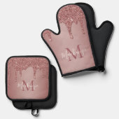 バラガーリー金ゴールドスパークルグリッタードリップスモノグラム 鍋つかみ&鍋敷きセット (正面/裏面)