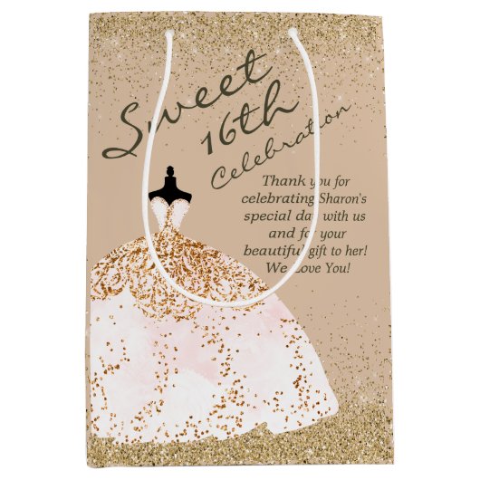 バラガーリー金ゴールドビッグボールガウンスウィート16誕生日 ミディアムペーパーバッグ (正面)