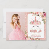 バラガーリー金ゴールドユニコーンウォーターカラーバラ誕生日 招待状 (正面)