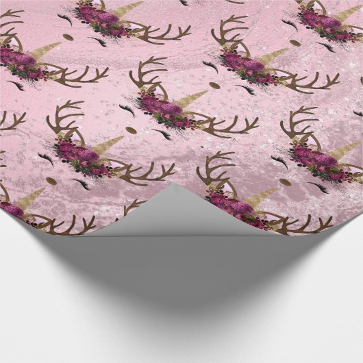 バラガーリー金ゴールド大理石ユニコーンのトナカイ模様 ラッピングペーパー (角)