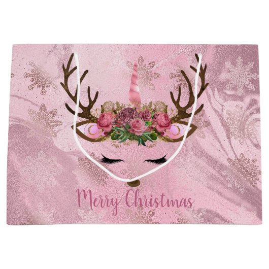 バラガーリー金ゴールド大理石ユニコーントナカイ雪の結晶 ラージペーパーバッグ (正面)