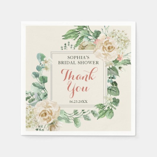 バラクラシックフローラブライダルシャワーありがとう スタンダードカクテルナプキン (正面)