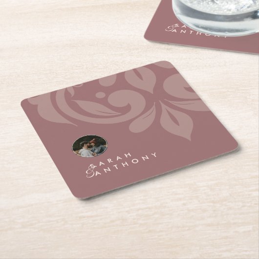 バラクラシックーミニマルーーTaupe結婚Damask写真 スクエアペーパーコースター (アングル)