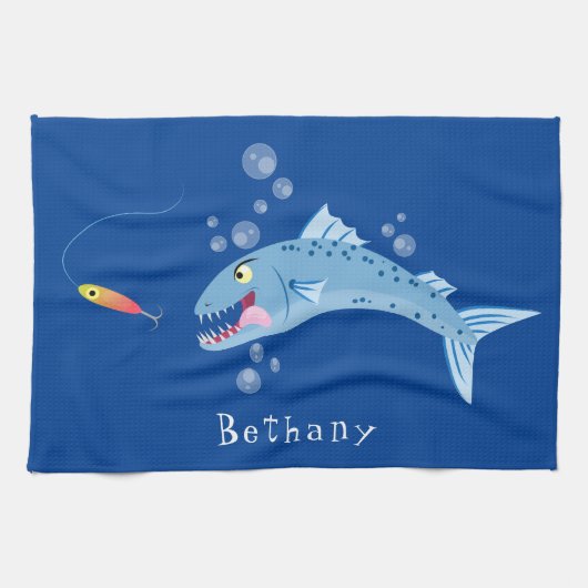 バラクーダフィッシュ空腹魚釣り漫画イラストレーション キッチンタオル (横)