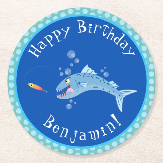 バラクーダ空腹魚釣り漫画イラストレーション ラウンドペーパーコースター (正面)