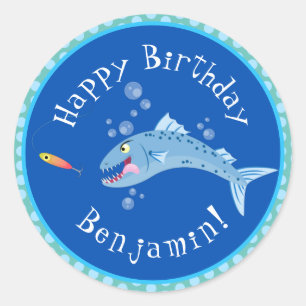 バラクーダ魚釣り漫画パーソナライズされた誕生日 ラウンドシール