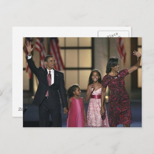 バラク・オバマ一家が、コロラド州デンバーでの民主党全国大会最終夜に手を振る ポストカード (正面/裏面)