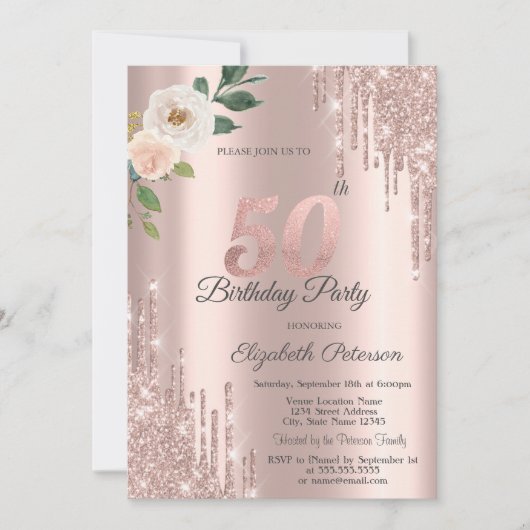 バラグリッタードリップバラ金ゴールド50誕生日 招待状 (正面)