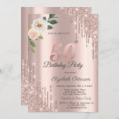 バラグリッタードリップバラ金ゴールド50誕生日 招待状 (正面/裏面)