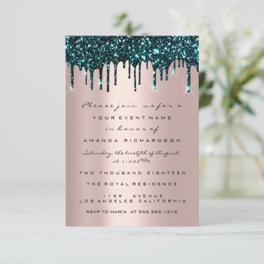 バラグリッタードリプスティール(緑がかった色)ブライダルシャワースウィート16th 招待状 (スタンド正面)