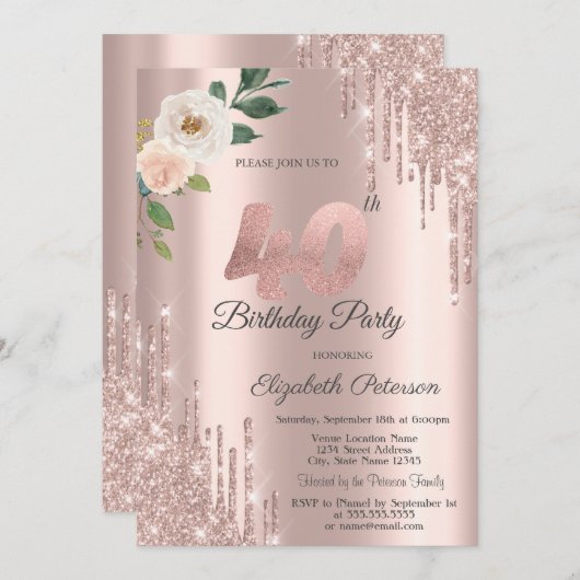 バラグリッタードリプスバラ金ゴールド40th誕生日 招待状 (正面/裏面)