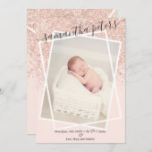 バラグリッター赤面ピンクモダンフォトベビー誕生 案内状 (正面/裏面)