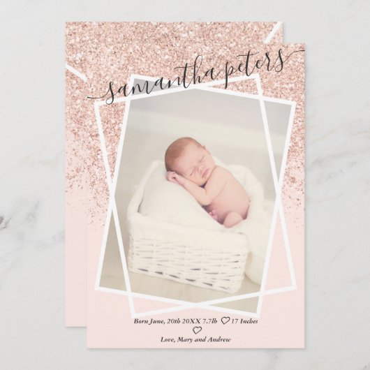 バラグリッター赤面ピンクモダンフォトベビー誕生 案内状 (正面/裏面)