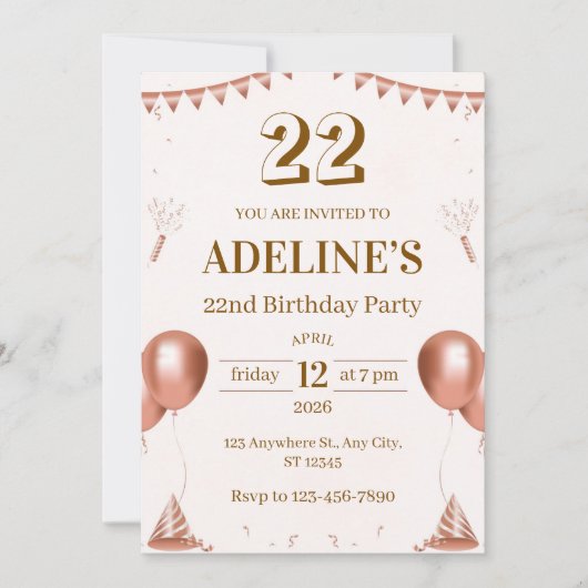 バラゴールドのイラスト 22歳の誕生日パーティーの招待状 招待状 (正面)