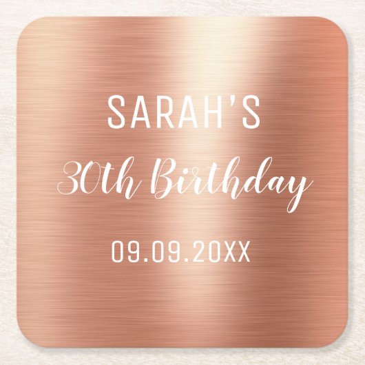 バラゴールドエレガントフォイル30歳の誕生日 スクエアペーパーコースター (正面)