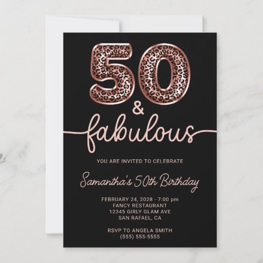 バラゴールドヒョウ柄風船の50歳とFabulous 招待状 (正面)