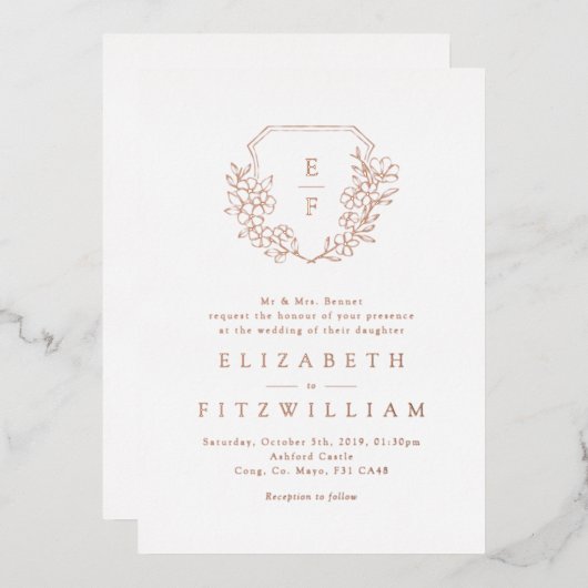 バラゴールドフォイルさくらんぼブロッサム開花モノグラムクレスト 箔招待状 (正面/裏面)