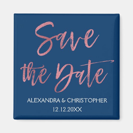 バラゴールドフォイルとネイビーブルー日付磁石を保存 マグネット (正面)