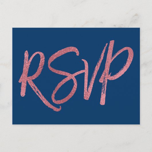 バラゴールドフォイルとネイビーブルーRSVP 結婚's インビテーションポストカード (正面)