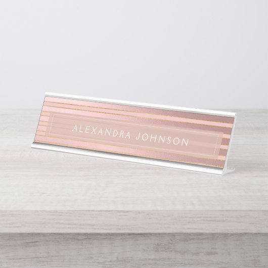 バラゴールドフォイルとバーガンディと金ゴールドストライプ デスクネームプレート (正面)