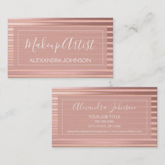 バラゴールドフォイルとブルゴーニュストライプのメイクアップアーティスト 名刺 (正面/裏面)