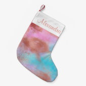 バラゴールドフォイルとブルーピンクパステルウォーターカラー スモールクリスマスストッキング (正面 (吊り時))