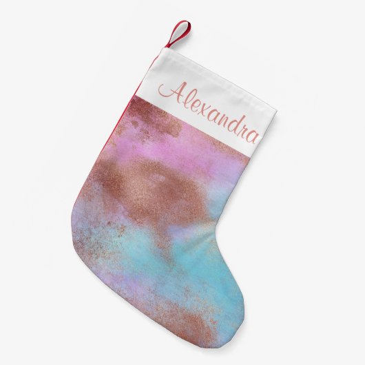 バラゴールドフォイルとブルーピンクパステルウォーターカラー スモールクリスマスストッキング (正面 (吊り時))