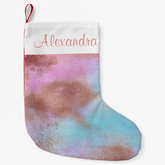 バラゴールドフォイルとブルーピンクパステルウォーターカラー スモールクリスマスストッキング (正面)