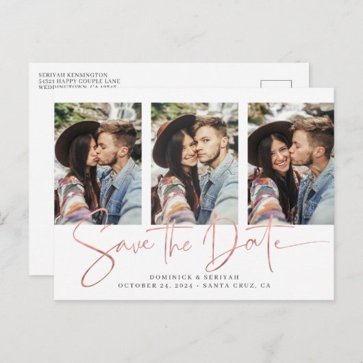 バラゴールドフォイルのスクリプト複数の写真の保存日付 案内ポストカード (正面/裏面)