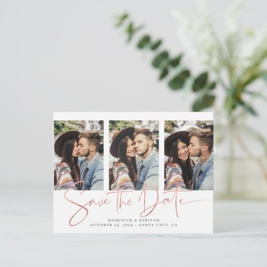 バラゴールドフォイルのスクリプト複数の写真の保存日付 案内ポストカード (スタンド正面)