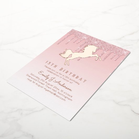 バラゴールドフォイルガーリーユニコーン誕生日(ANY)ピンクF 箔招待状 (回転した状態)