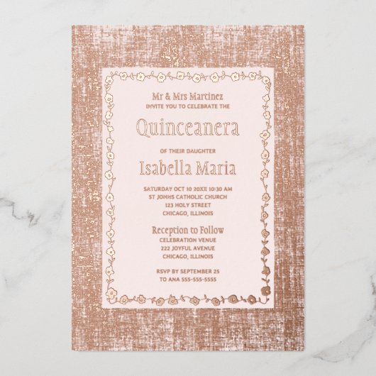 バラゴールドフォイルキンセアニラ招待状フローラピンク 箔シーズンカード (正面)