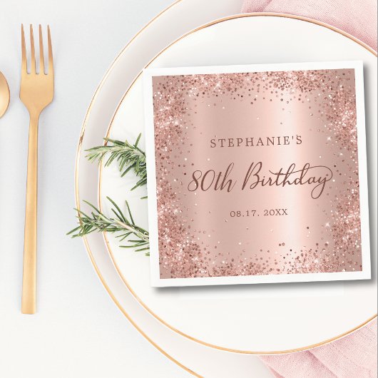 バラゴールドフォイルグリッター80th誕生日モノグラム スタンダードカクテルナプキン