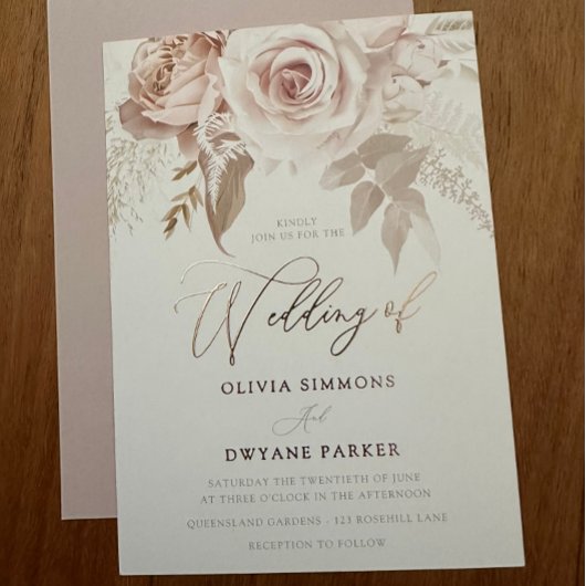 バラゴールドフォイルダスティピンク赤面フローラ結婚ズ 箔招待状