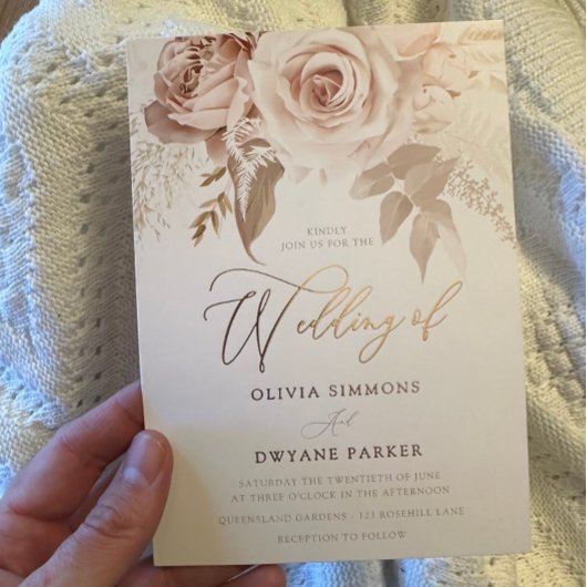 バラゴールドフォイルダスティピンク赤面フローラ結婚ズ 箔招待状