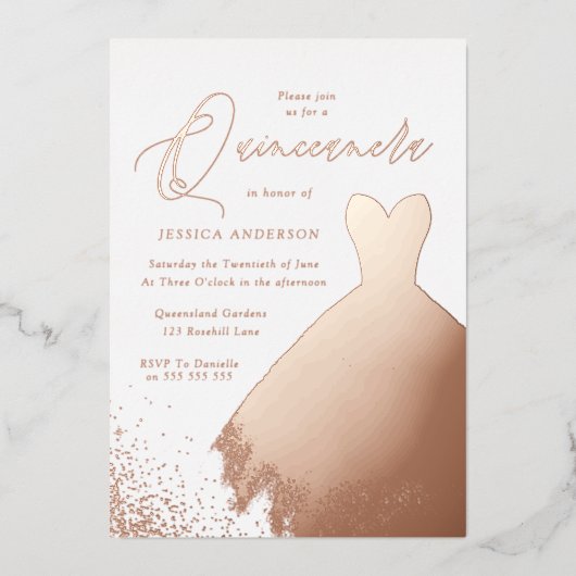 バラゴールドフォイルドレエレガントスキンセアニェラパーティー 箔招待状 (正面)