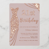 バラゴールドフォイルドレスピンクエレガント21歳の誕生日 箔招待状 (正面)