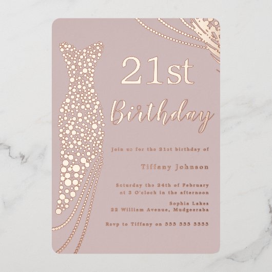 バラゴールドフォイルドレスピンクエレガント21歳の誕生日 箔招待状 (正面)