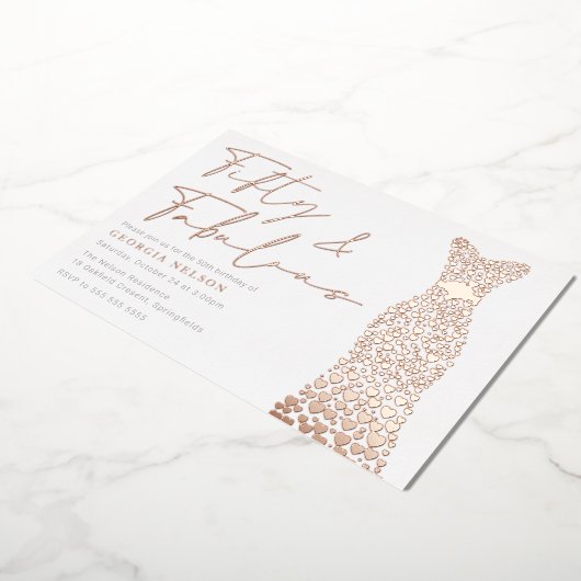 バラゴールドフォイルドレスフィフティ&ファブ50誕生日 箔招待状 (回転した状態)