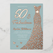 バラゴールドフォイルドレス50と素晴らしい50誕生日 箔招待状 (正面)