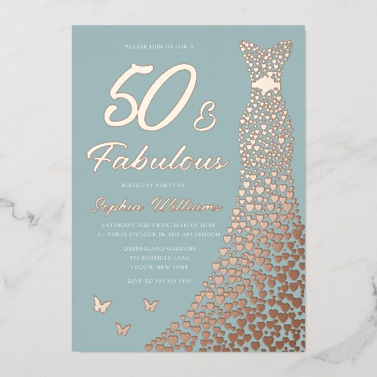 バラゴールドフォイルドレス50と素晴らしい50誕生日 箔招待状 (正面)