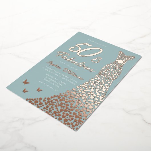 バラゴールドフォイルドレス50と素晴らしい50誕生日 箔招待状 (回転した状態)