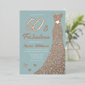 バラゴールドフォイルドレス50と素晴らしい50誕生日 箔招待状 (立ち正面)