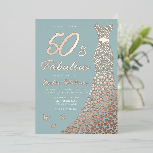 バラゴールドフォイルドレス50と素晴らしい50誕生日 箔招待状 (立ち正面)