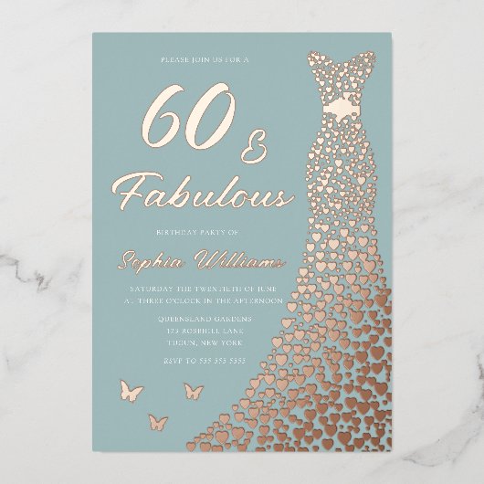 バラゴールドフォイルドレス60と素晴らしい60誕生日 箔招待状 (正面)