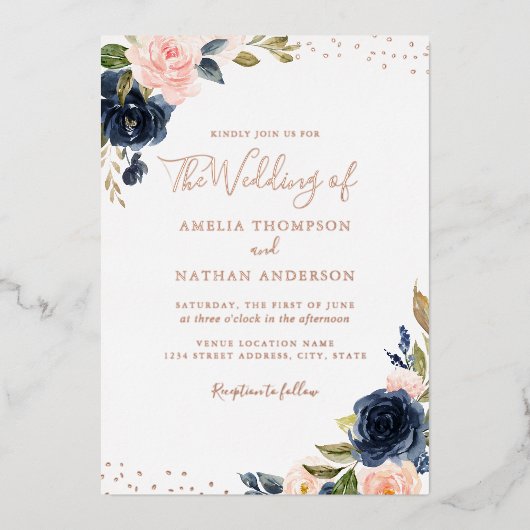 バラゴールドフォイルネイビーピンク結婚フローラ 箔招待状 (正面)