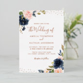 バラゴールドフォイルネイビーピンク結婚フローラ 箔招待状 (立ち正面)