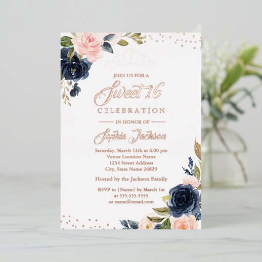 バラゴールドフォイルネイビー赤面フローラティアラスイート16 箔招待状 (立ち正面)